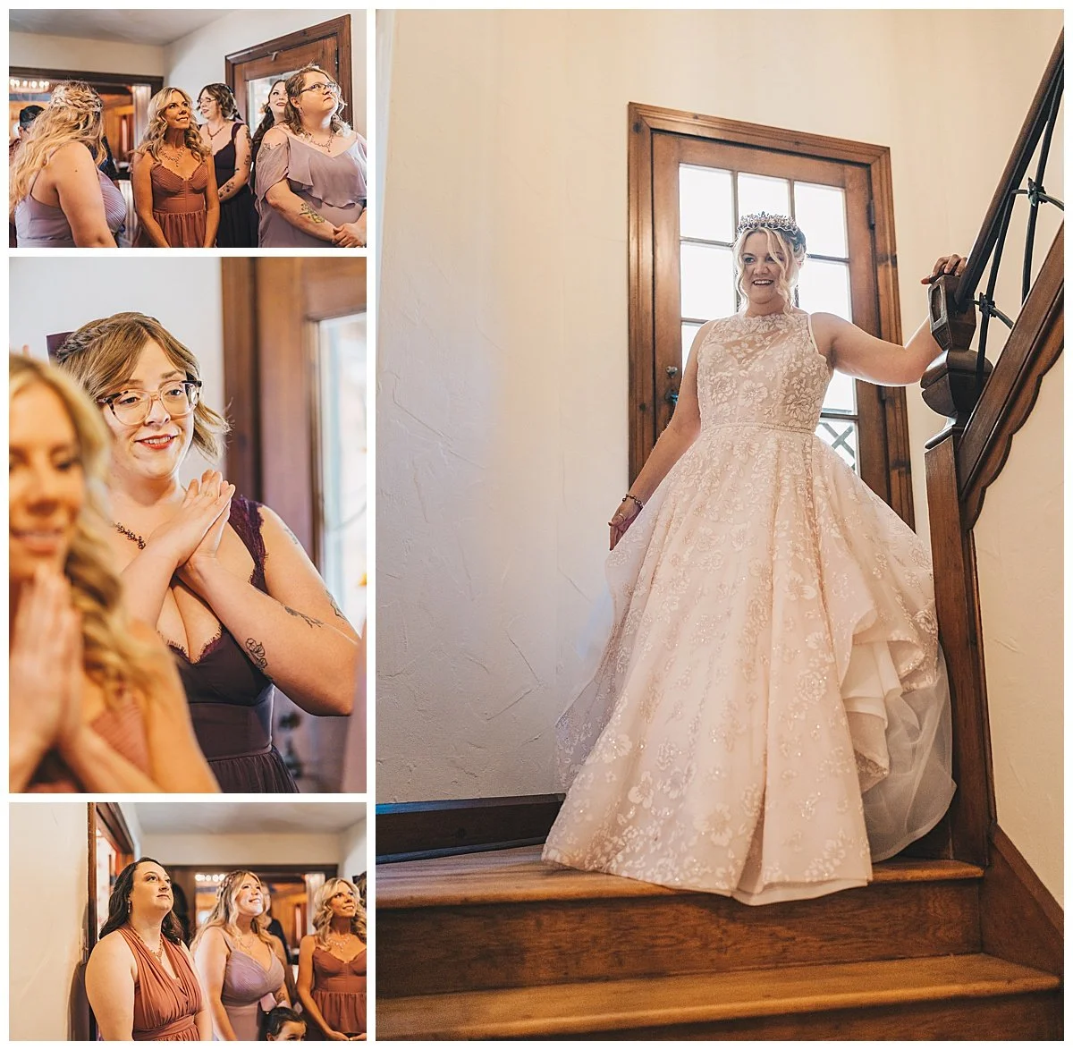 Bridesmaids reacting emotionally during wedding dress reveal