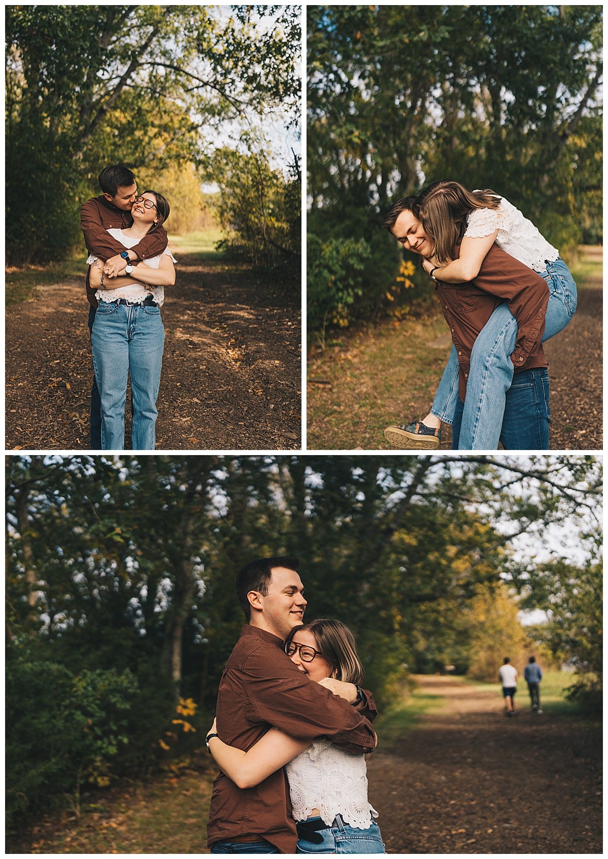 Couple having fun during fall engagement photos in Franklin, TN