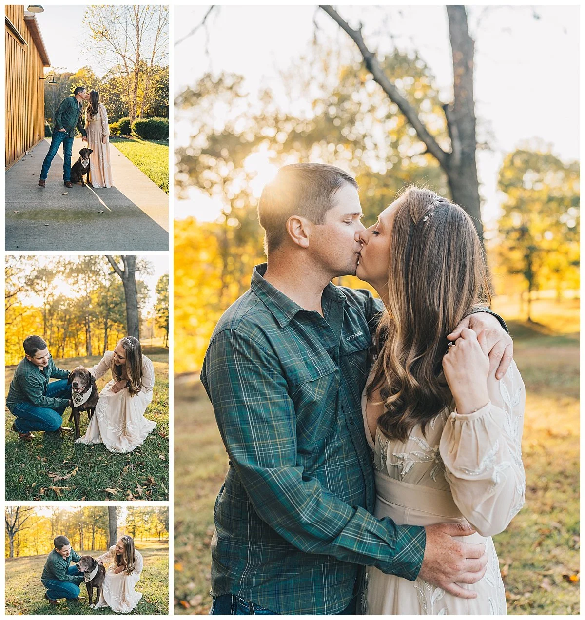 Golden hour engagement photos at a Tennessee barn wedding venue