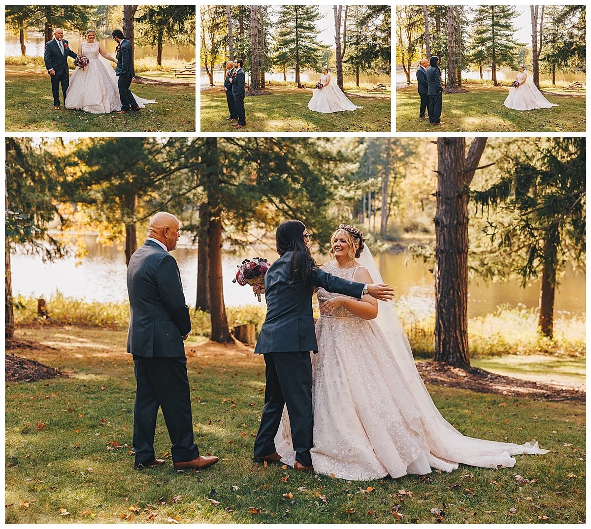 Fall wedding at Richfield Heritage Preserve with orange trees and lake backdrop