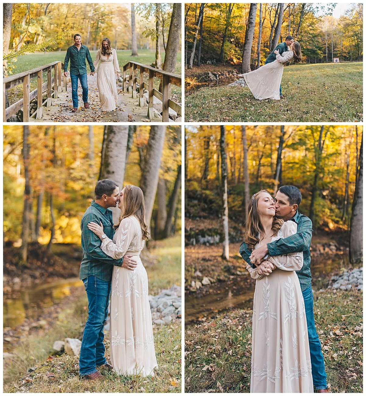 Engaged couple walking together at their wedding venue during a golden hour engagement session