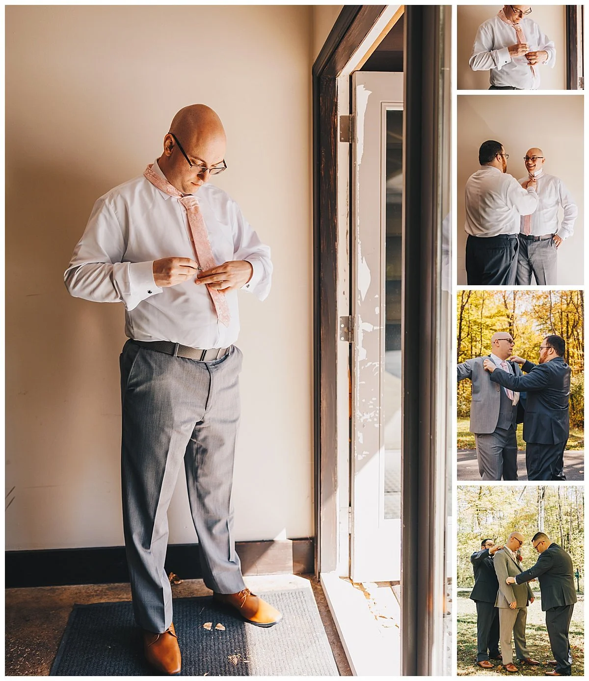 Groom getting ready at The Lodge before fall wedding ceremony