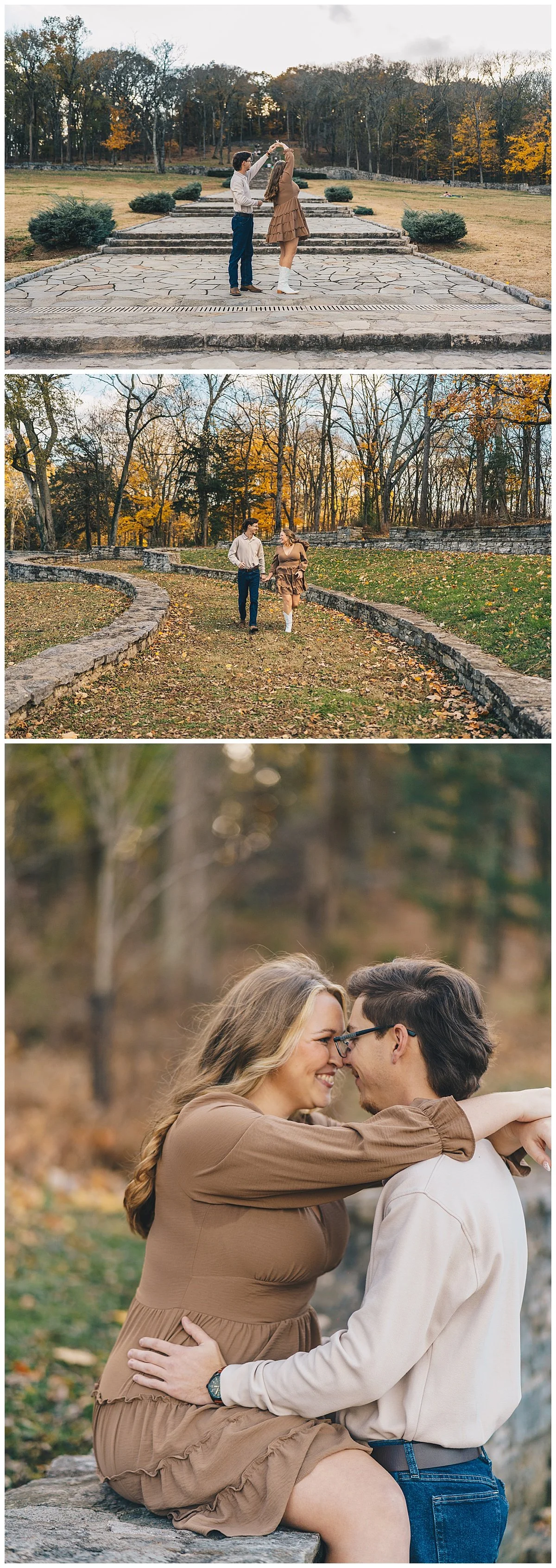 Romantic fall engagement session at Percy Warner Park in Nashville with vibrant foliage