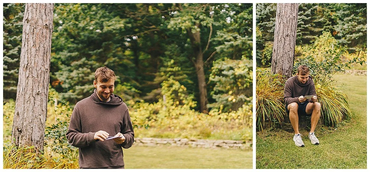 Groom reading note from bride on wedding day in Michigan
