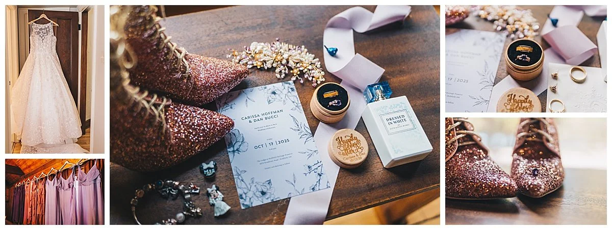 Bride stepping into blush pink wedding dress with sparkling details