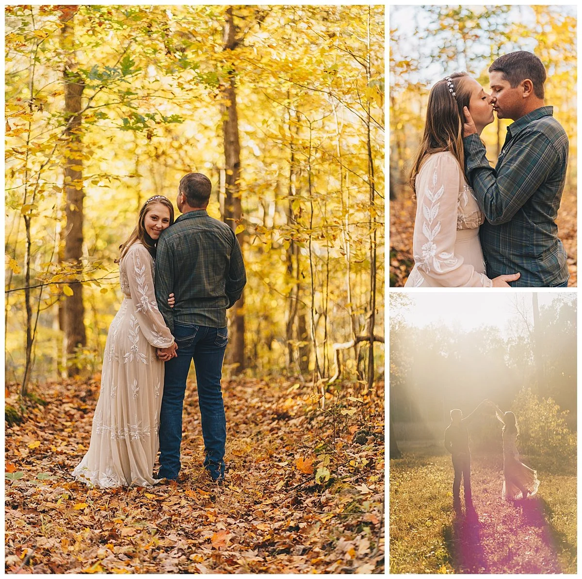 Engagement photos captured at a Tennessee wedding venue with open fields and sunset light