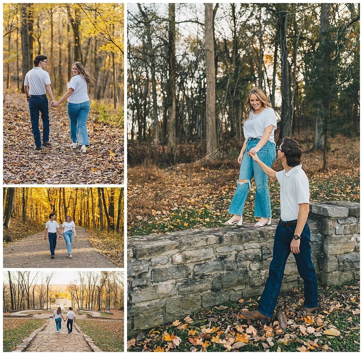 Couple posing for engagement photos at Percy Warner Park during peak fall color in Nashville