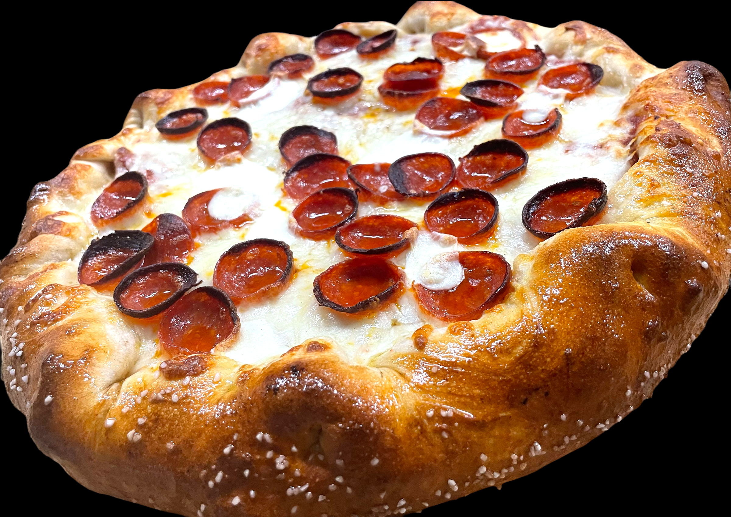 Pizza Siciliana, round pizza with light crispy crust, topped with