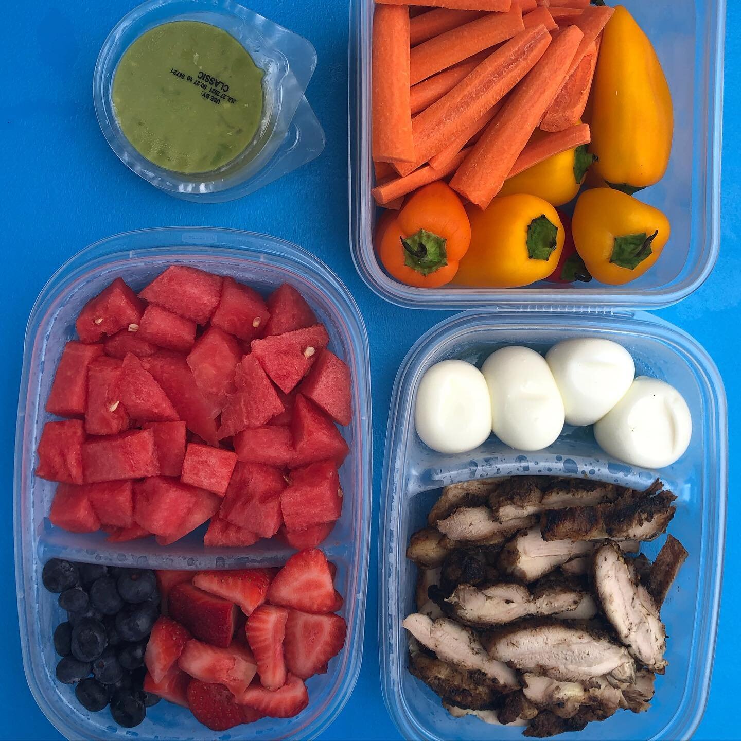 I prepped this food for in between games at my son&rsquo;s baseball tournament this weekend, but due to rain, the tournament was canceled. At least that means lunch was already prepped today!
- cold chicken thighs
- hard boiled eggs 
- peppers, carro