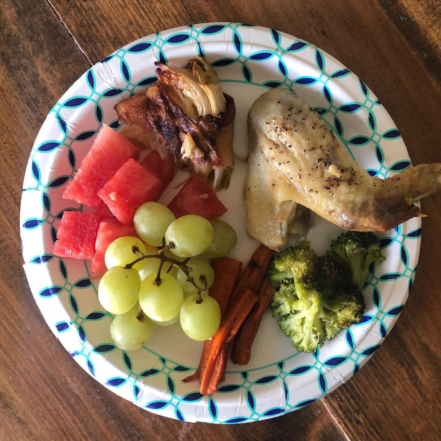 Thank God for leftovers and an air fryer! It was a long, fun weekend, and I just can&rsquo;t today.
- chicken wing 
- roasted broccoli and carrots 
- bacon wrapped cabbage 
- grapes and watermelon 
.
Now that everyone is fed and up in their rooms for