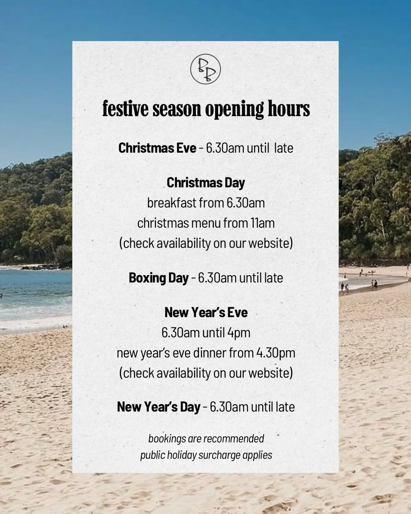 Celebrate the season with us by the beach! 🎄✨

We&rsquo;re open every day from 6.30am until late to serve up all your holiday favourites:
&bull; Breakfast: 6.30am &ndash; 11.30am
&bull; Lunch: 12.00pm &ndash; 3.00pm
&bull; Oyster Happy Hour: 3.00pm 