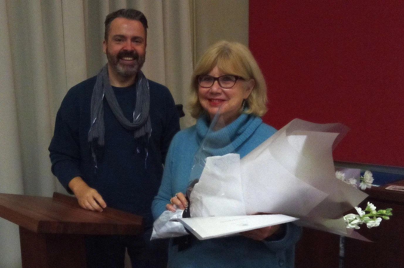 Carol McKirdy receiving the NSW Excellence in Community History Award from Scott McKinnon, Oral History NSW. History House , Macquarie St, Sydney 8/9/2018