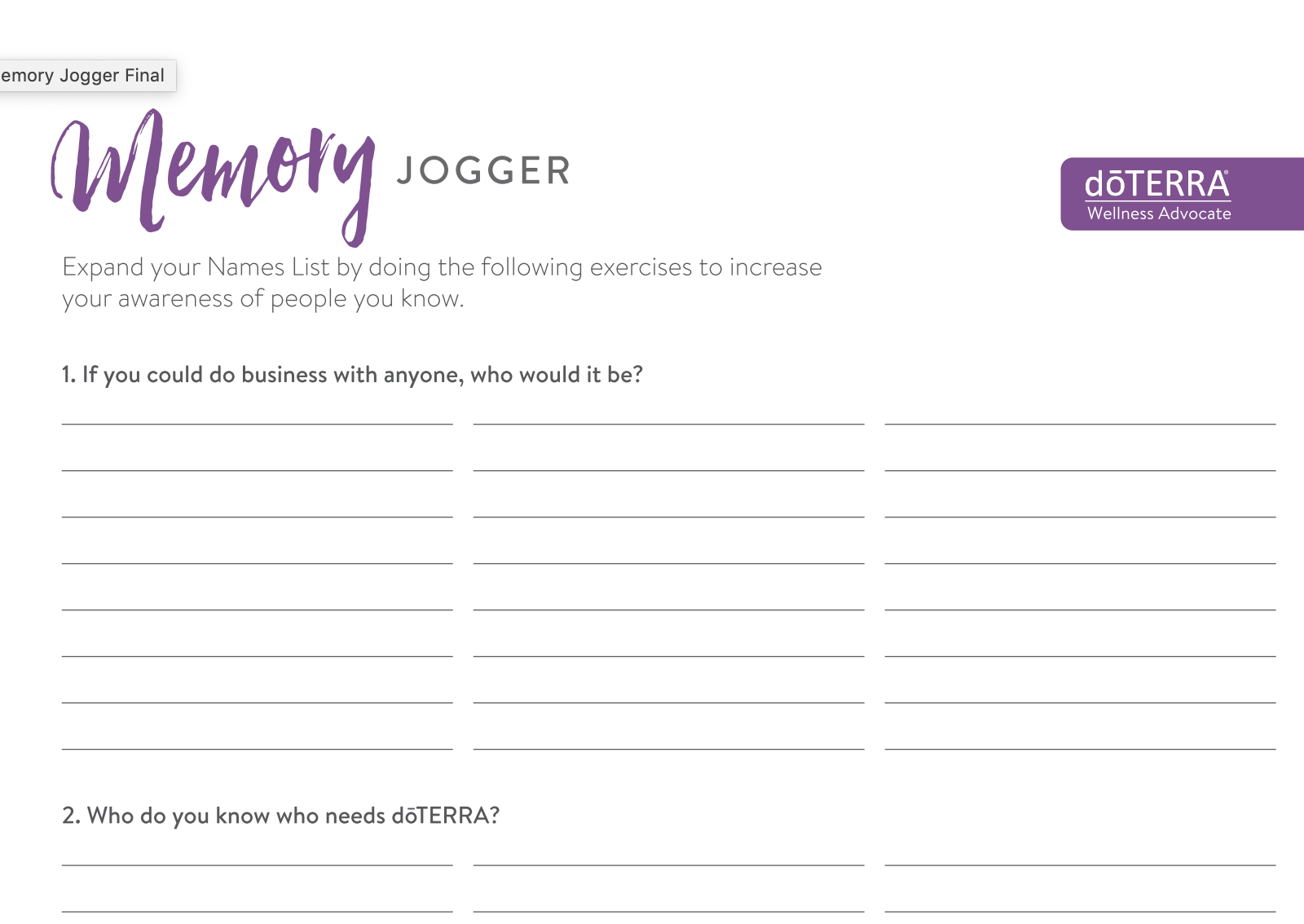 Memory Jogger Tool