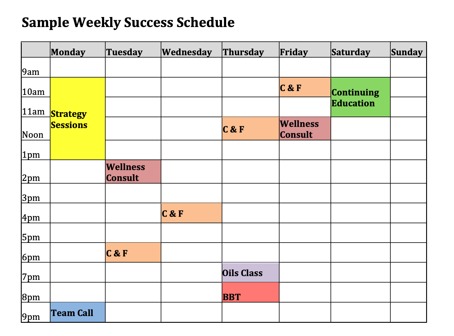 Sample Weekly Success Schedule