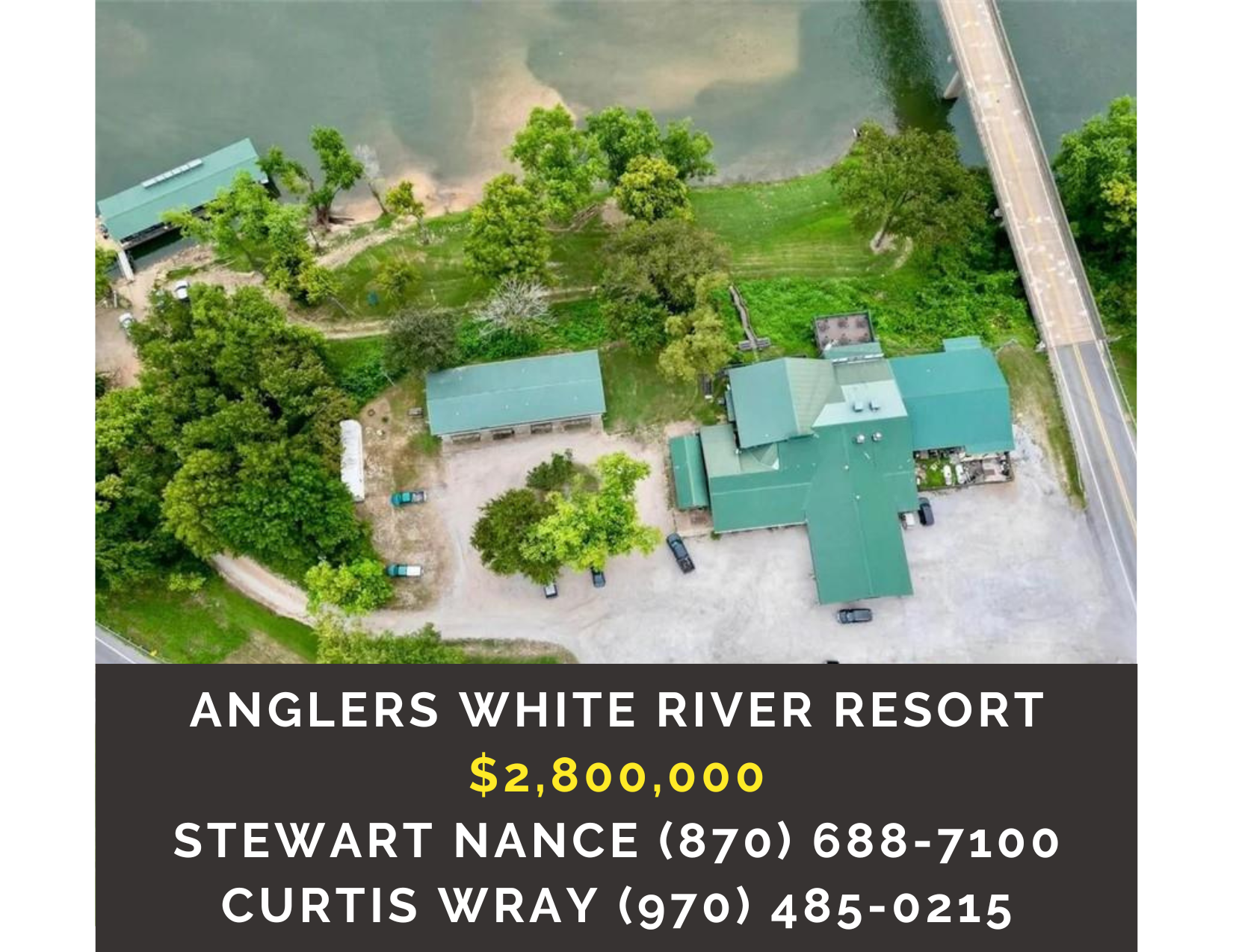      

 
    Anglers White River Resort    Type:  Hospitality, Recreational, Travel  Location:  23080 AR-5, Mountain View, AR 72560  Price:  $2,800,000  MLS:  1327059  Resort located on renowned trout fishing White River in the scenic Ozark Mountains