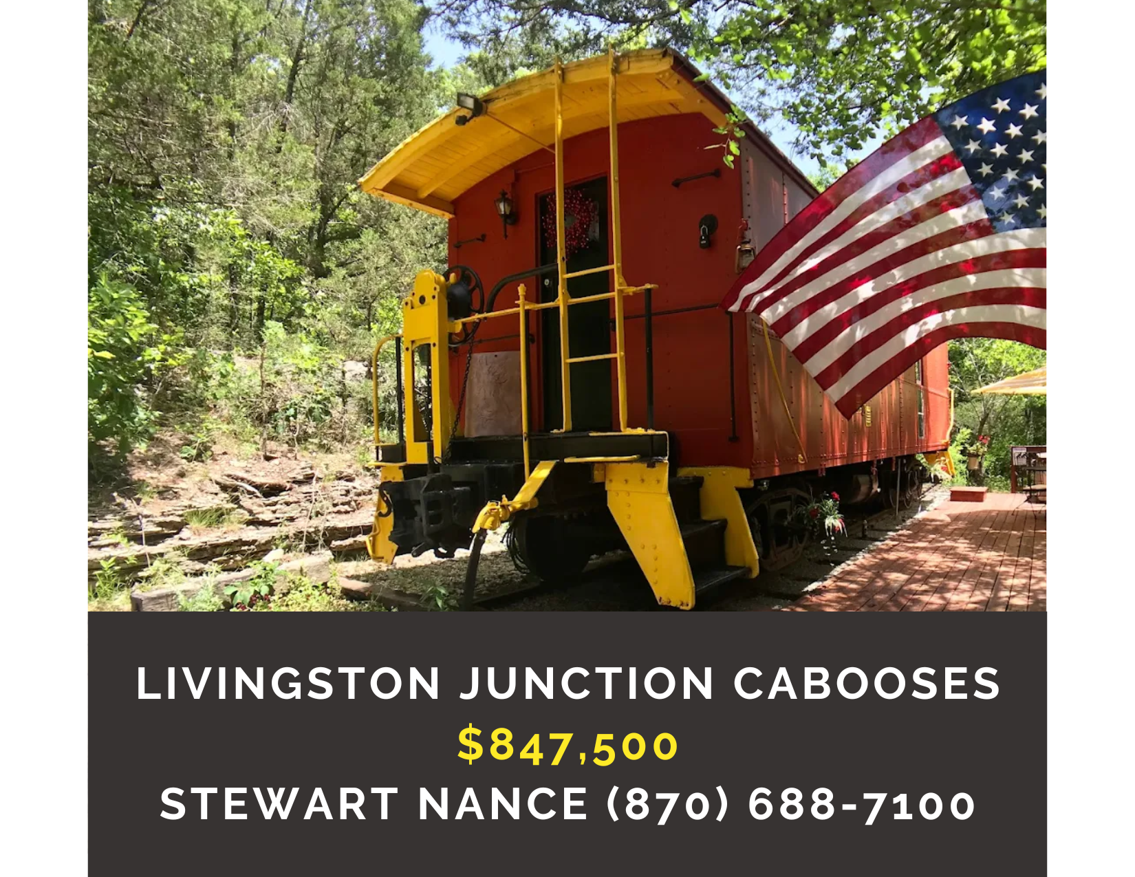      

 
    Livingston Junction Cabooses and Cabins    Type:   Hospitality, Restaurant  Location:  Eureka Springs, Arkansas  Price:  $847,500  MLS : 1324697  Successful, nostalgic, overnight hospitality business is nestled on the Livingston Junction