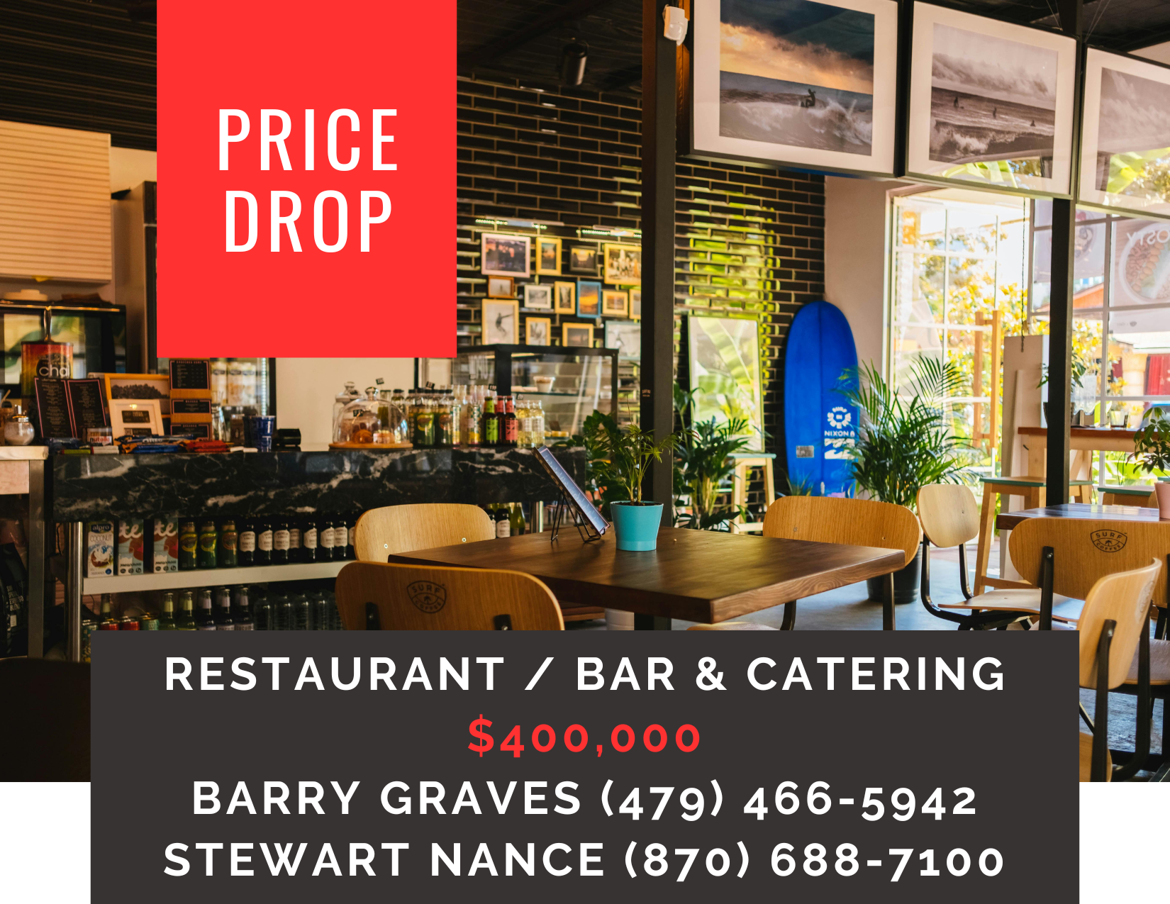      

 
    Restaurant and Bar with Catering    Type:  Restaurant, Bar, Hospitality  Location:  Arkansas   PRICE REDUCTION:     $400,000    An established franchise operation focused on providing a fast-casual bar and restaurant. Positioned comforta