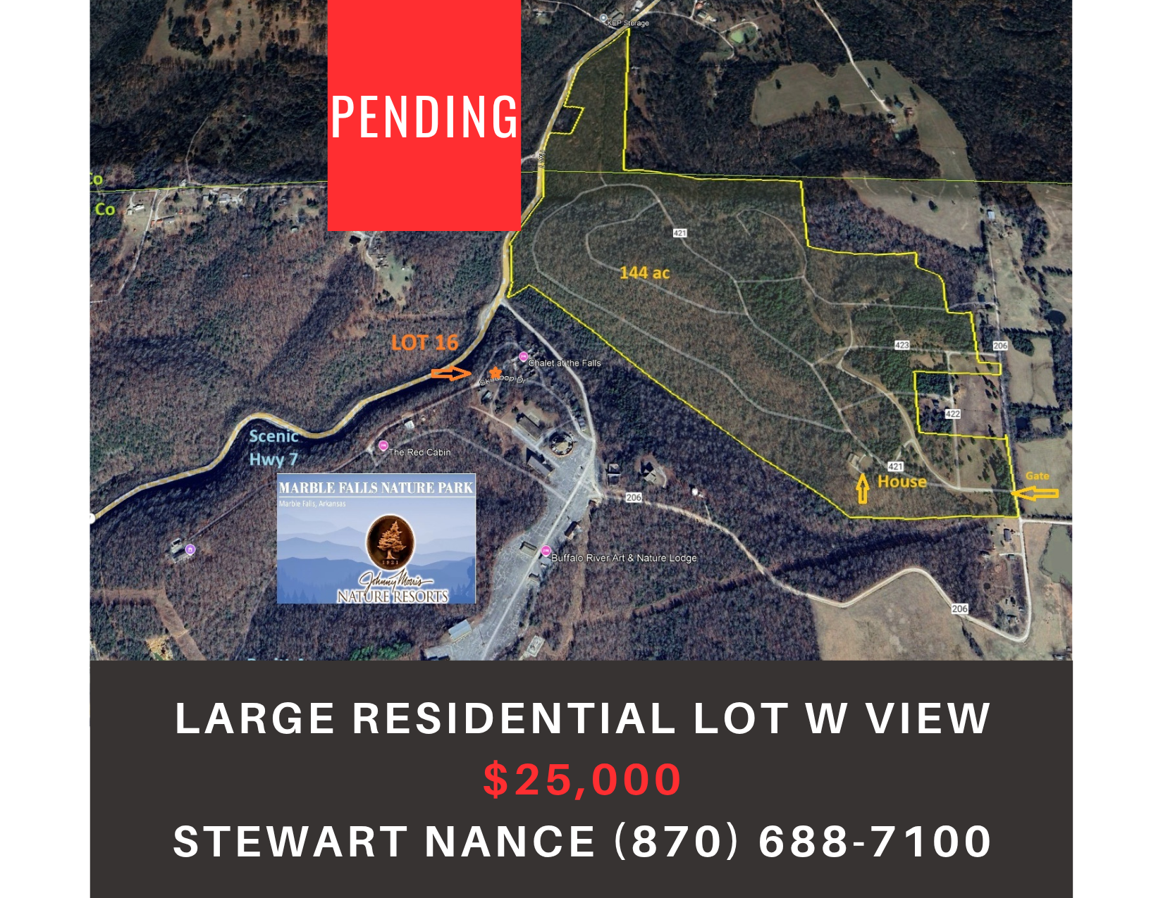       
  
    16 NC 3350, Marble Falls, AR 72648   Type:  Land, Real Estate, Residential  Price:  $25,000  MLS:  1313306  This very nice oversized lot is located in beautiful Marble Falls in the Ozark Mountains and Buffalo National River Park Region 