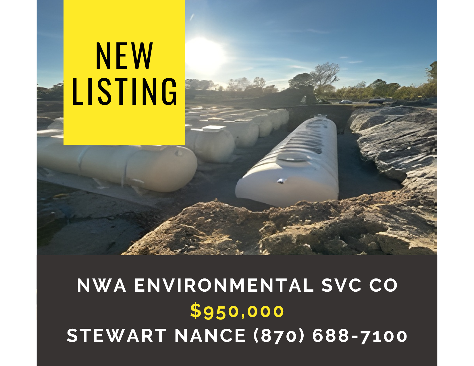       
  
     NW Arkansas Environmental Services Company    Type:   Environmental services, Waste management, Residential/Commercial construction  Location:  Northwest Arkansas  Price:  $950,000   Description :  Professional high-growth environmenta