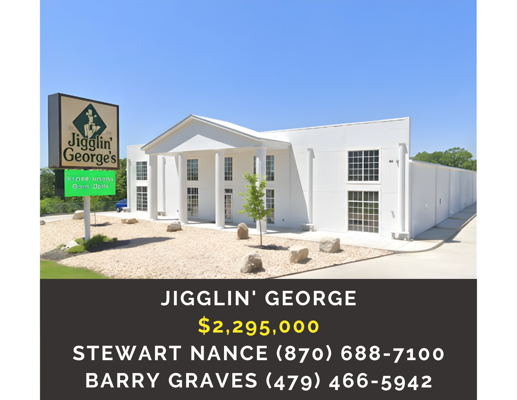       
  
     Jigglin’ George    Type:  Retail, Family Owned, Specialty  Location:  685 Hwy 165, Branson, MO 65616  Price:  $2,295,000  SOMO MLS# : 60315305  Specialty retail store with patented Jigglin' George New Life Bed Exerciser® products accou