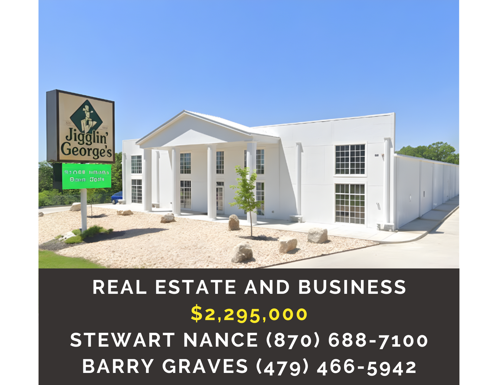       
  
     Jigglin’ George    Type:  Retail, Family Owned, Specialty  Location:  685 Hwy 165, Branson, MO 65616  Price:  $2,295,000  Specialty retail store with patented Jigglin' George New Life Bed Exerciser® products accounting for 28% of sales