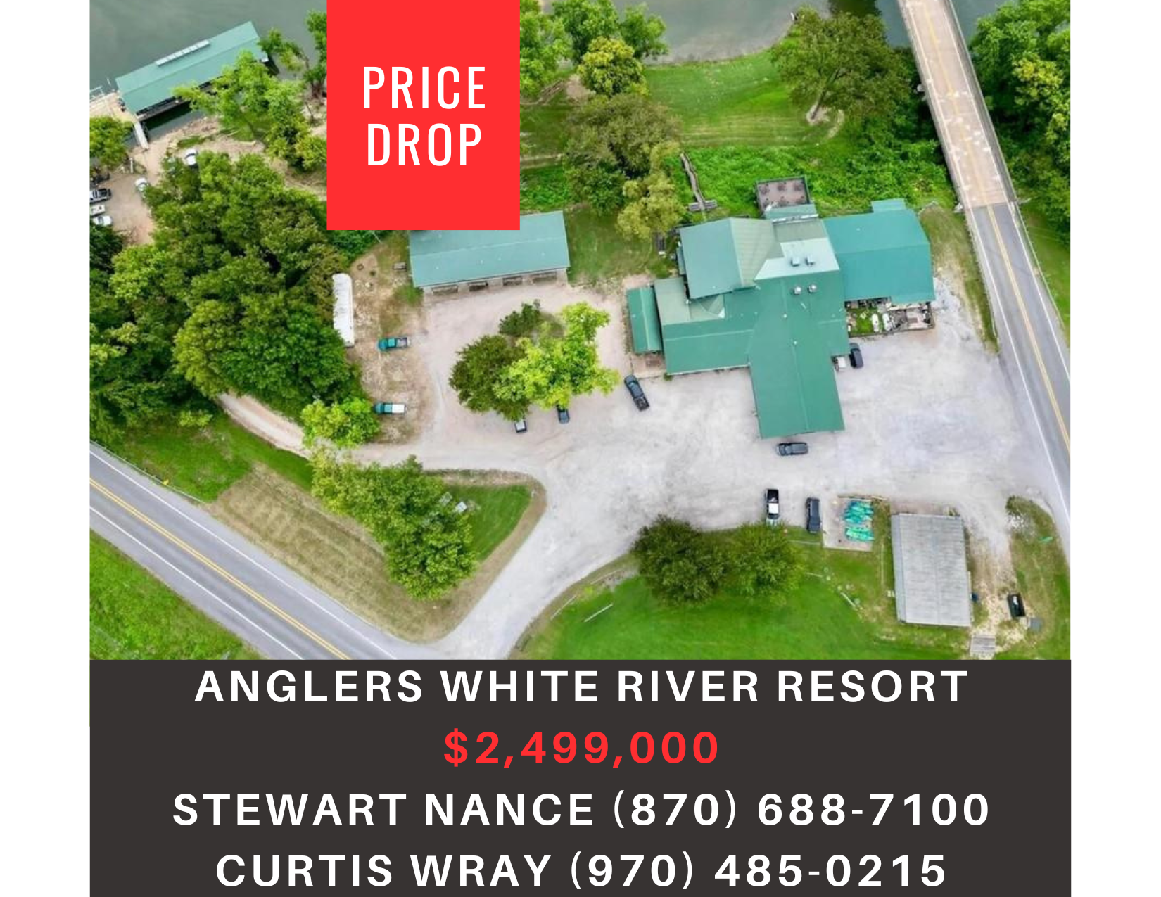       
  
     Anglers White River Resort    Type:  Hospitality, Recreational, Travel  Location:  23080 AR-5, Mountain View, AR 72560  Price:    $2,499,000    MLS:  1327059  Resort located on renowned trout fishing White River in the scenic Ozark Mou