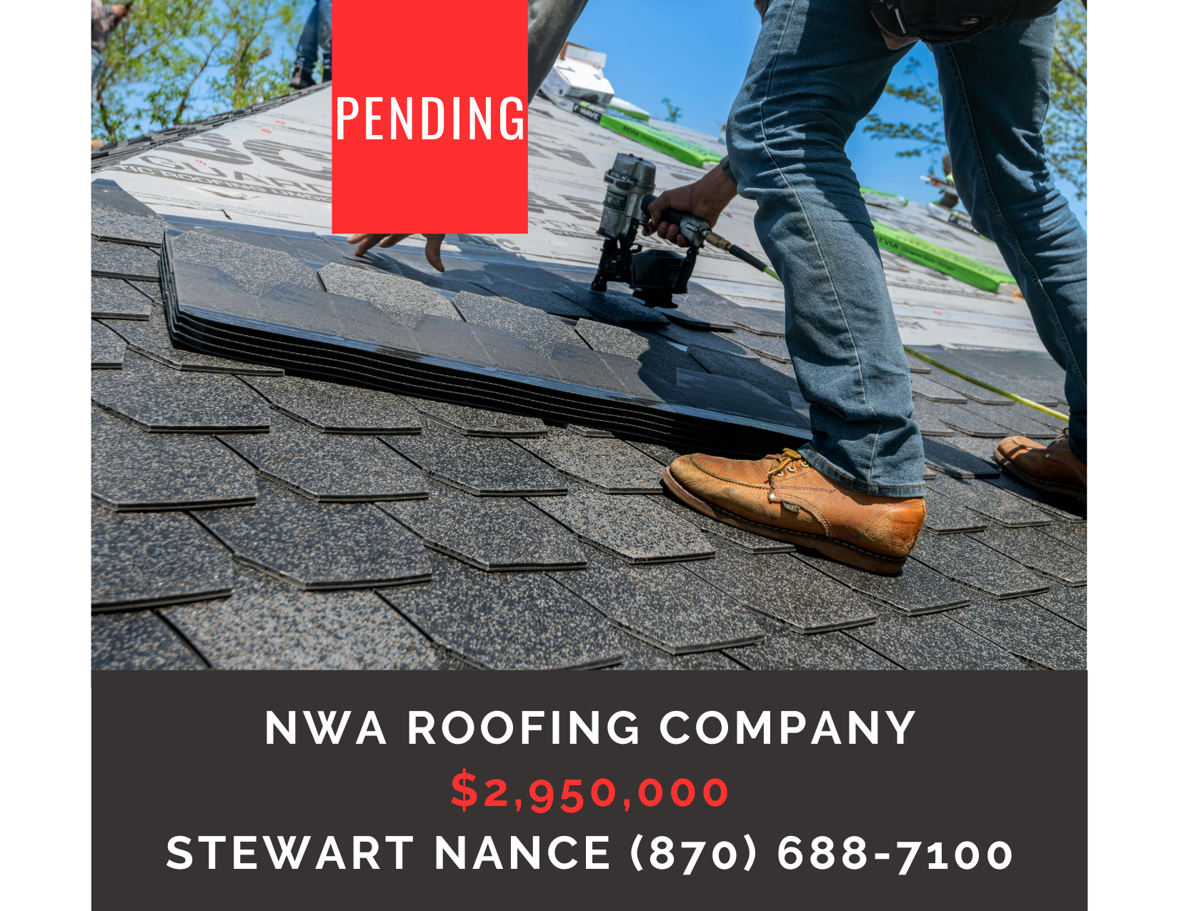       
  
     Northwest Arkansas Roofing Company    Type:  Construction, Specialty Trade Contractor, Residential Services  Location:   Northwest Arkansas  Price:    $2,950,000     DESCRIPTION : Established NWA residential roofing contractor providin