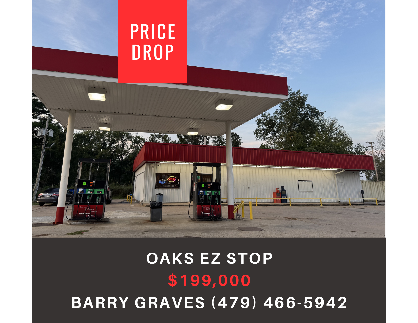      
  
     Oaks EZ Stop    Type:  Convenience Store, Retail, Fuel  Location:  155 W Main St, Oaks, OK 74359  Price:   $199,000    This established convenience store represents a strategic retail opportunity in the gas station industry, featuring 