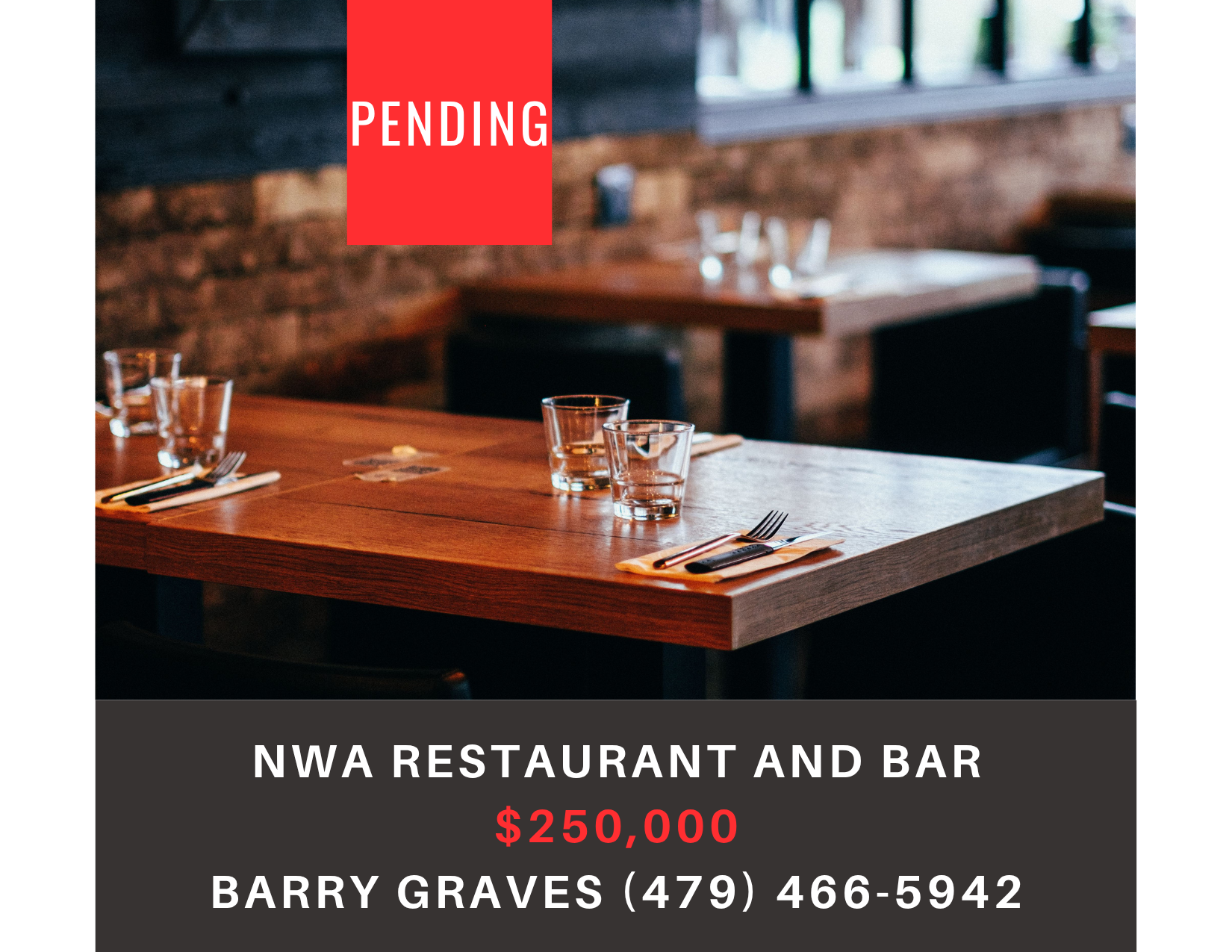       
  
     NW Arkansas Restaurant and Bar    Type:  Restaurant, Bar, Hospitality  Location:  Northwest Arkansas   Price:     $250,000     Turnkey Fast-Casual Franchise Opportunity   Step into a thriving fast-casual bar and restaurant situated in 