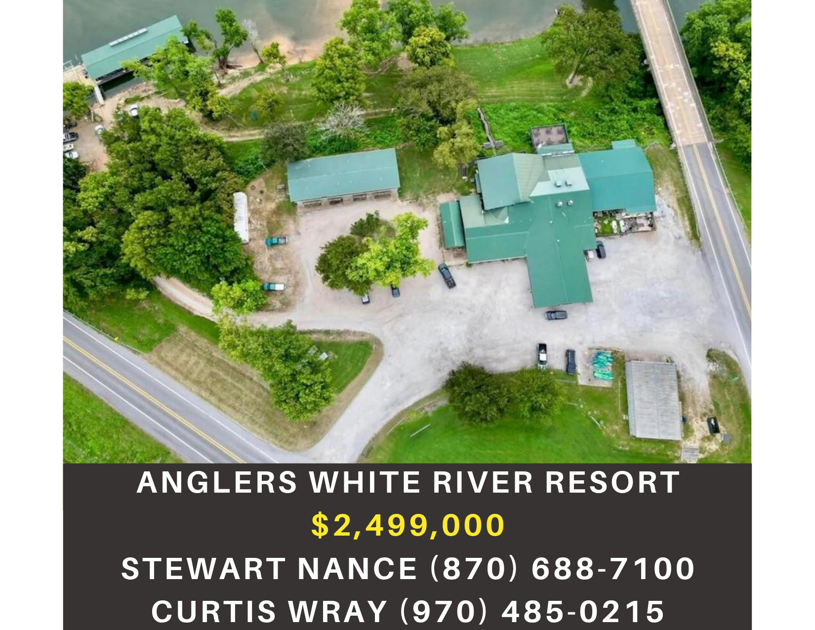       
  
     Anglers White River Resort    Type:  Hospitality, Recreational, Travel  Location:  23080 AR-5, Mountain View, AR 72560  Price:   $2,499,000   MLS:  1327059  Resort located on renowned trout fishing White River in the scenic Ozark Mount