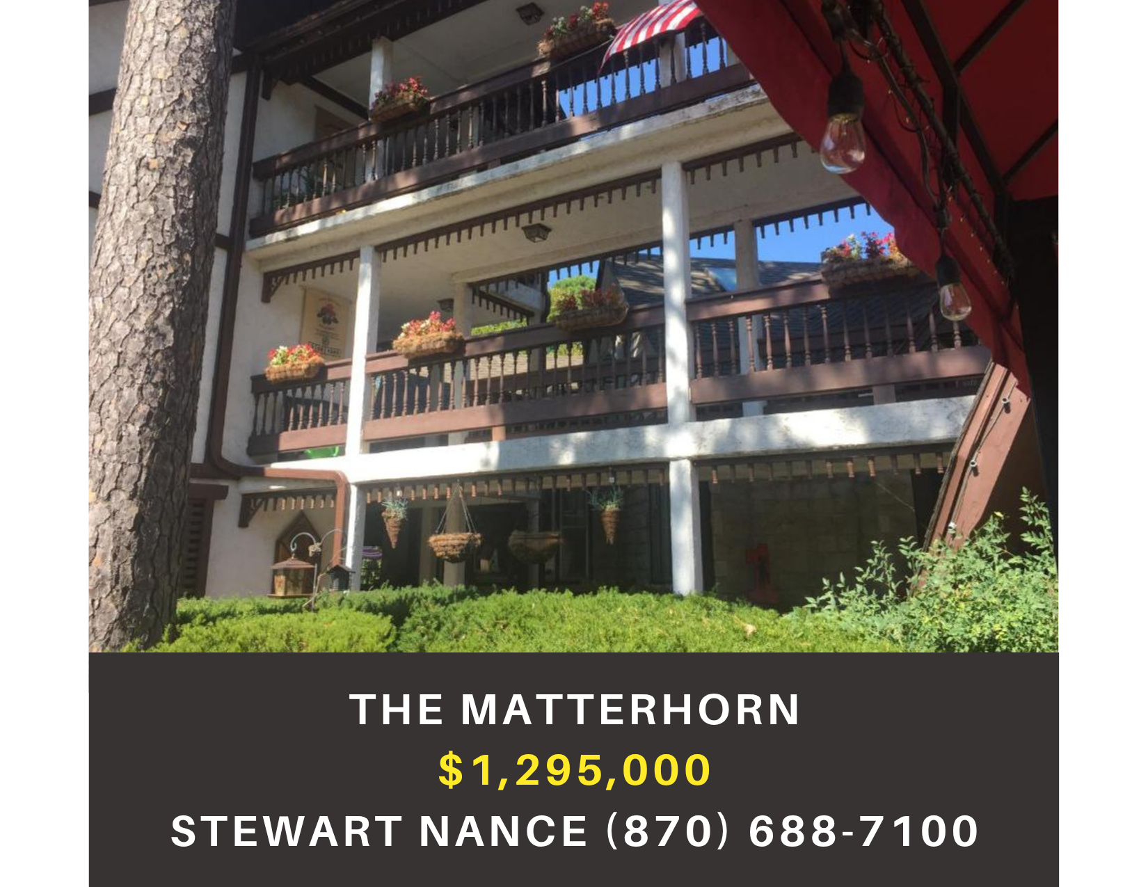       
  
     The Matterhorn    Type:  Motel / Hotel, Hospitality, Commercial  Location:  Eureka Springs, Arkansas  Price:   $1,295,000   MLS : 1317404  Beautiful luxurious Bavarian-inspired 34 room hotel has a plethora of options from singles, doub