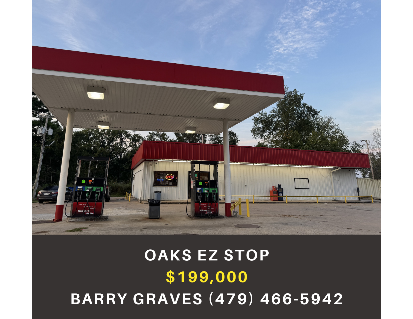       
  
     Oaks EZ Stop    Type:  Convenience Store, Retail, Fuel  Location:  155 W Main St, Oaks, OK 74359  Price:   $199,000   This established convenience store represents a strategic retail opportunity in the gas station industry, featuring a