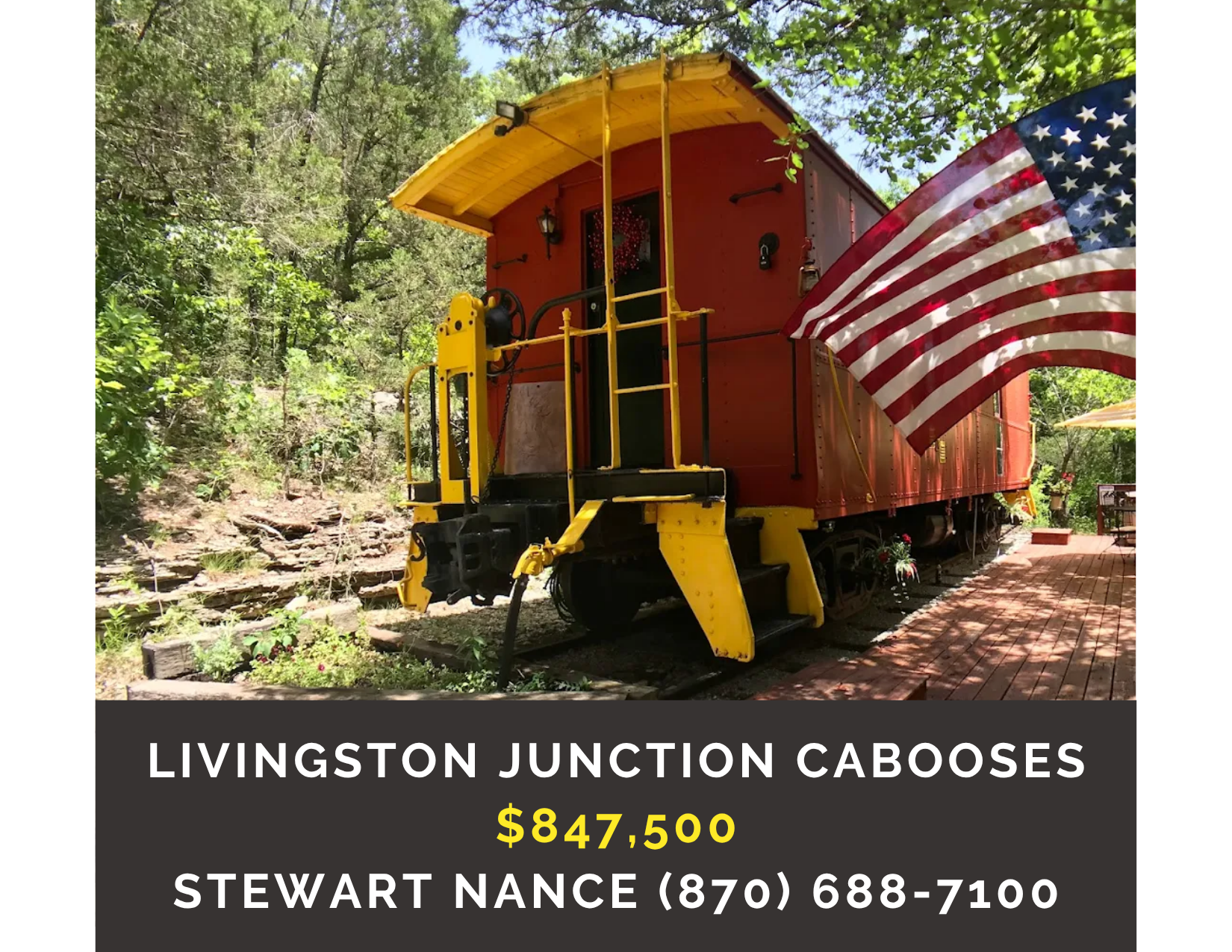       
  
     Livingston Junction Cabooses and Cabins    Type:   Hospitality, Restaurant  Location:  Eureka Springs, Arkansas  Price:  $847,500  MLS : 1324697  Successful, nostalgic, overnight hospitality business is nestled on the Livingston Juncti