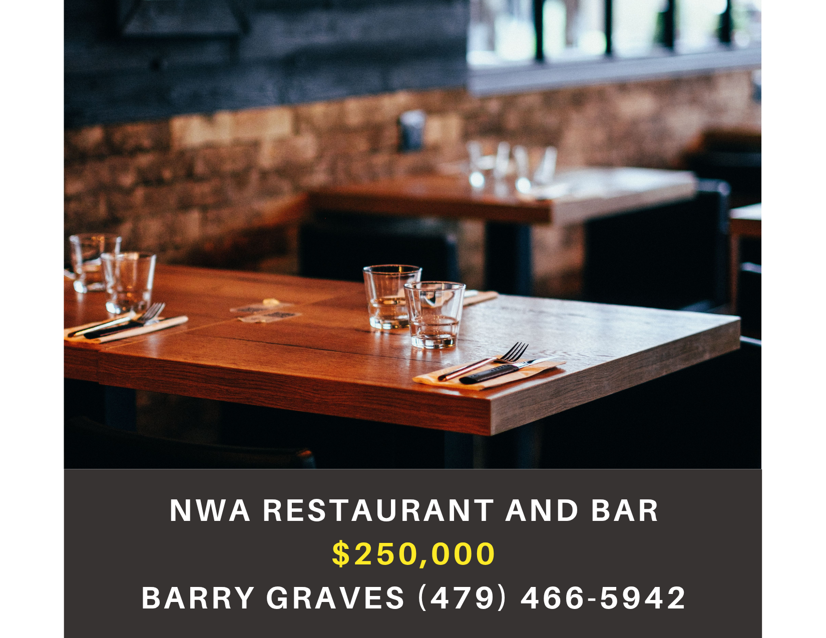       
  
     NW Arkansas Restaurant and Bar    Type:  Restaurant, Bar, Hospitality  Location:  Northwest Arkansas   Price:     $250,000     Turnkey Fast-Casual Franchise Opportunity   Step into a thriving fast-casual bar and restaurant situated in 