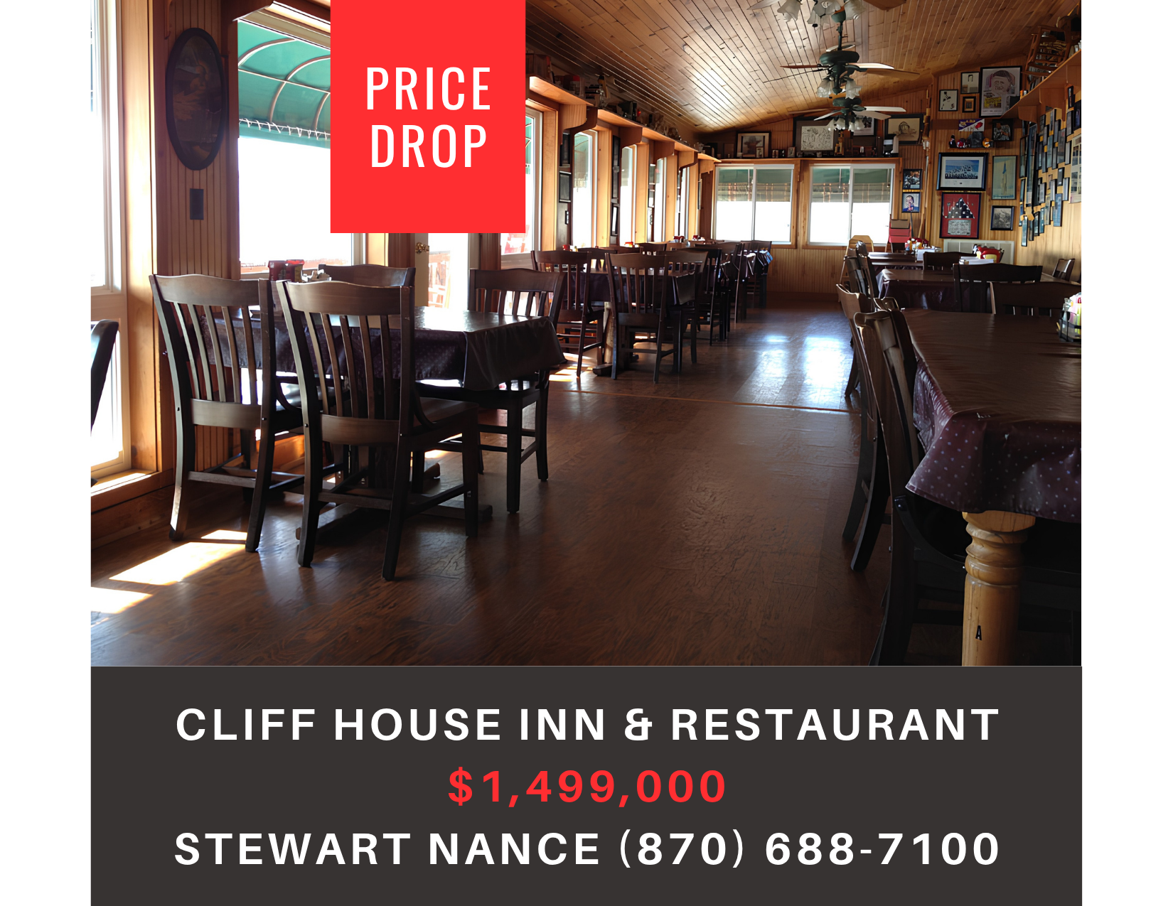       
  
     Cliff House Inn &amp; Restaurant    Type:  Restaurant, Bed and Breakfast, Hospitality  Location:  6177 AR 7, Jasper, AR 72641  Price:  $1,450,000  Iconic restaurant and inn boasting spectacular views of the Ozark Plateau’s Boston Mount