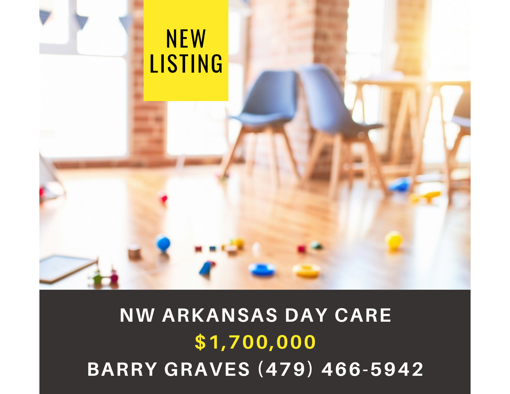       
  
     NW Arkansas Day Care    Type:  Preschool, Day Care, Child Care Services  Location:  Northwest Arkansas   Price:   $1,700,000   Executive Summary   Established day care. 4.8/5 rating. License for 154 students. Clean facility with close 