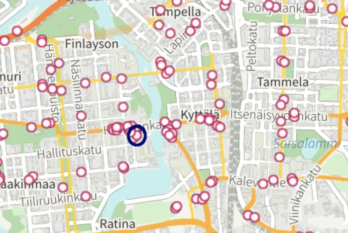 Keskustori R sinisellä ympyröitynä