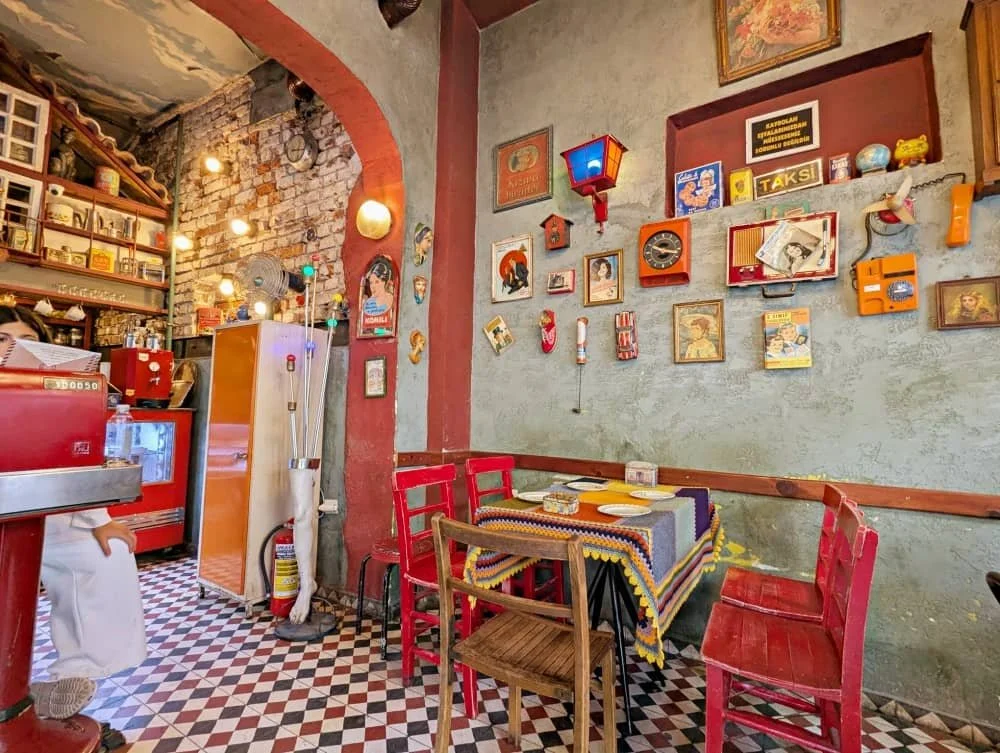 The inside of Cafe Naftalin in Balat in Istanbul furnished with vintage items