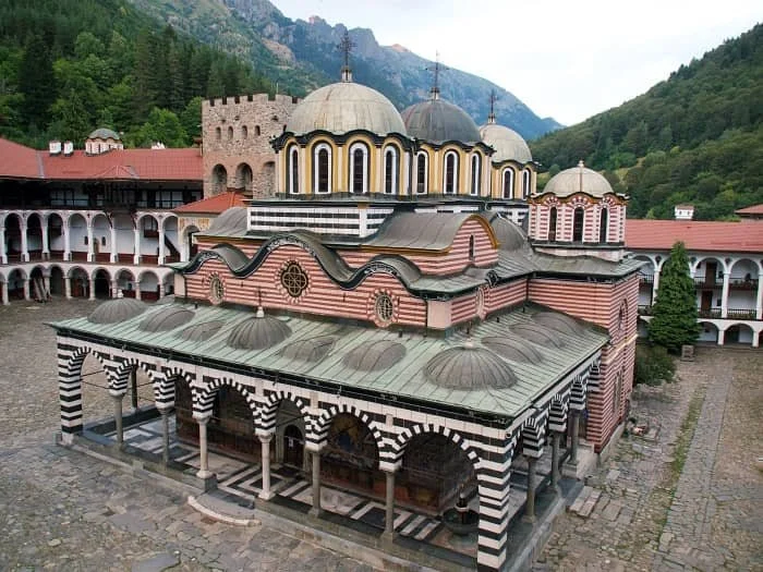 Rila Monastery in Bulgaria with mountains in the background