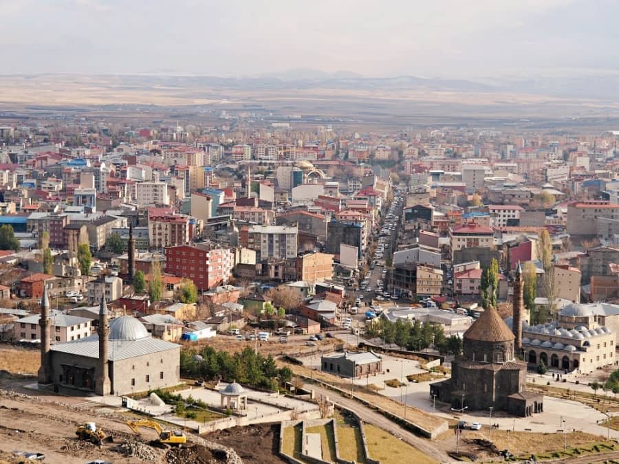 The view from the top of Kars castle of Kumbet mosque and the city centre below