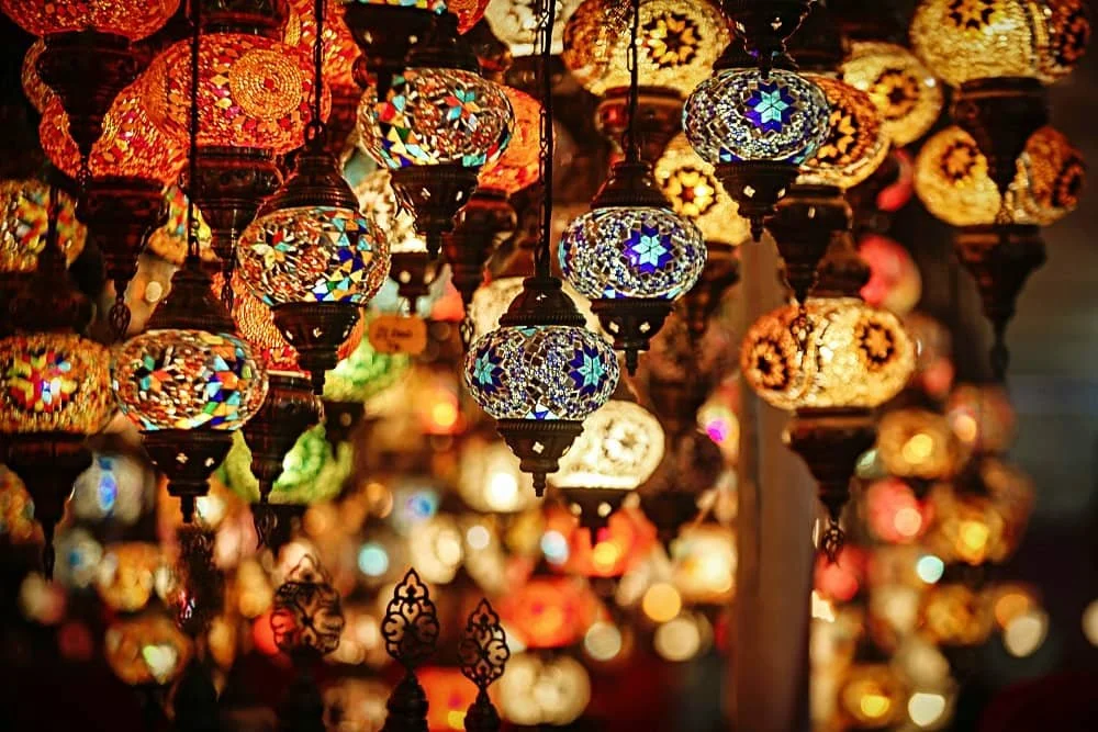 Colourful Turkish mosaic lamps hanging in a shop in Turkey