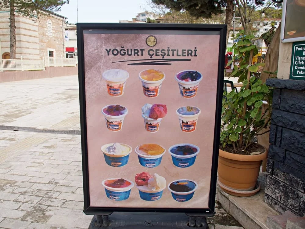 A poster showing the different types of yogurt and toppings on offer at the cafe