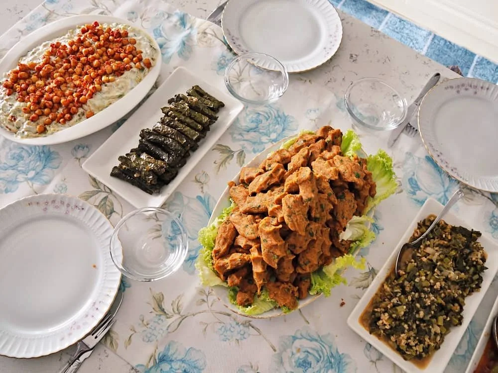 four different meze dishes on a table at a Turkish cooking class in Istanbul