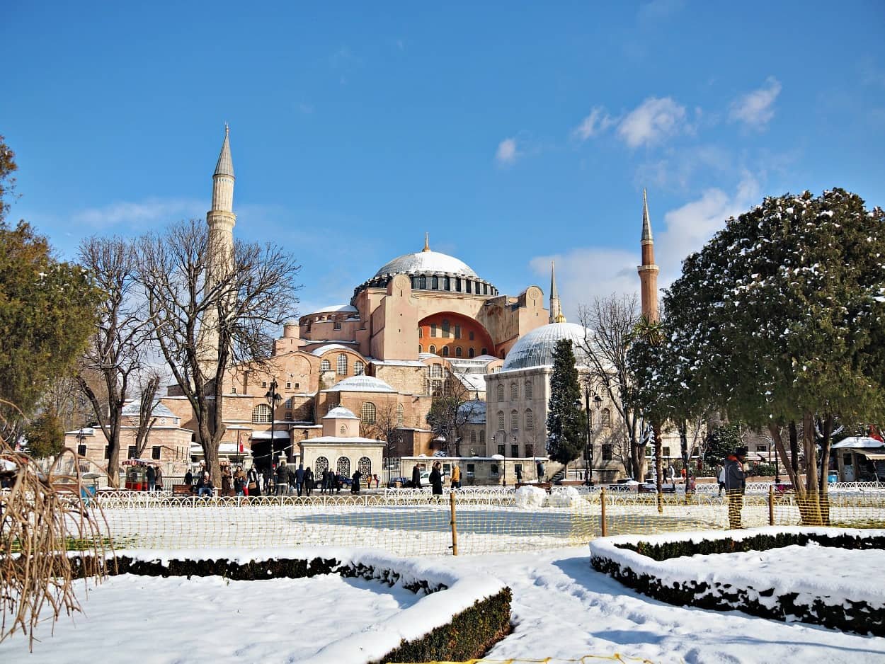 Hagia Sophia surrounded by snow in winter, istanbul weather december