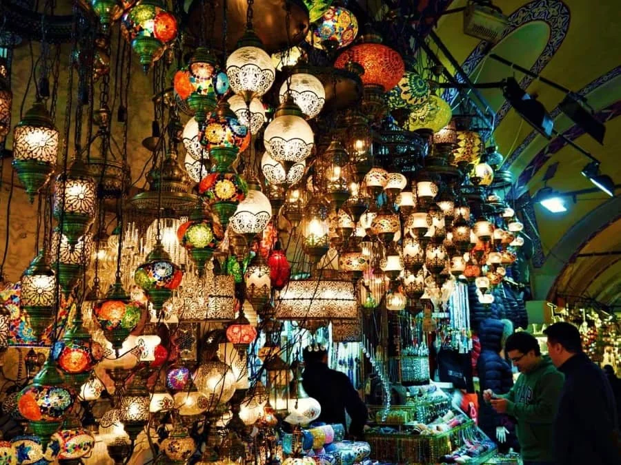 Colourful Turkish lamps hanging in the Grand Bazaar