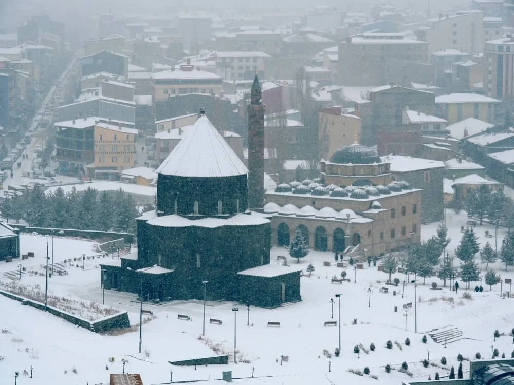 Kumbet mosque in Kars on a snowy day, turkey kars