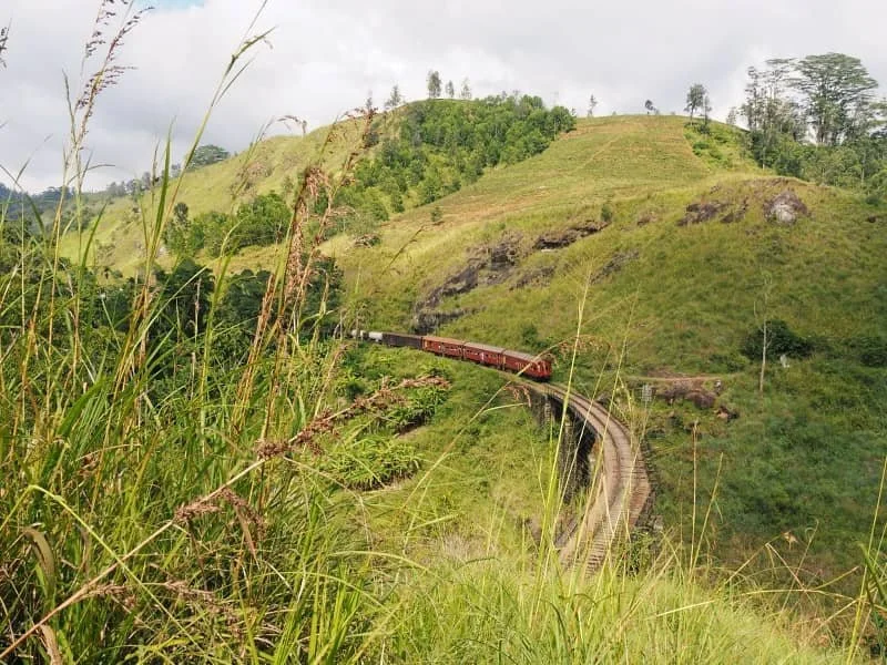 A train with red carriages travels along the Demodara Railway Loop in Sri Lanka