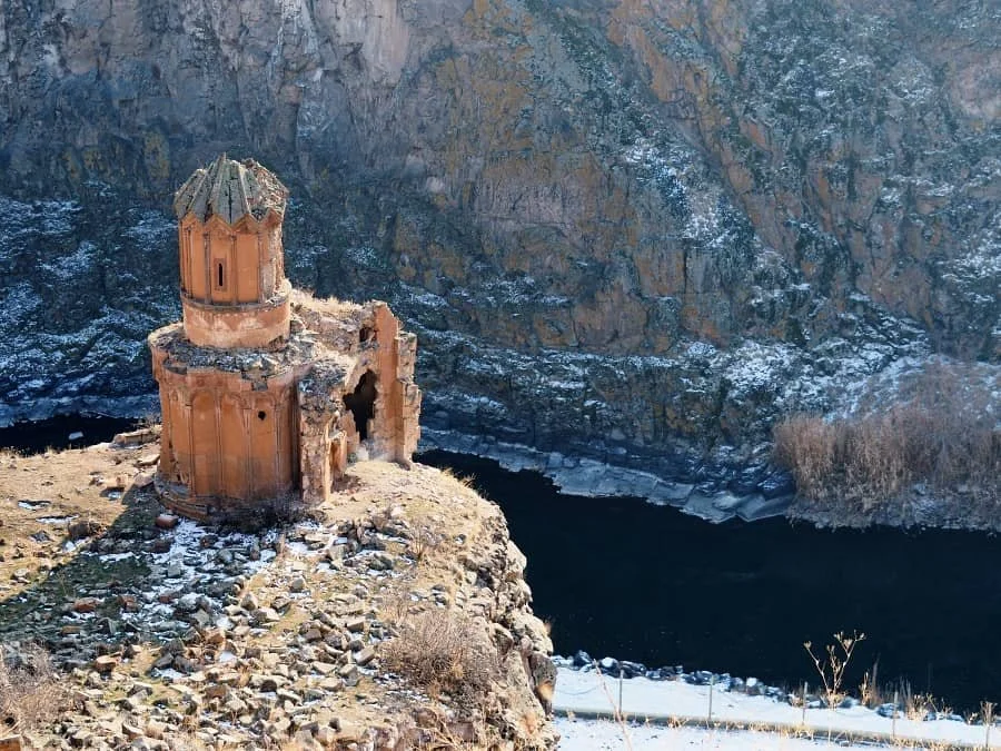 The ruins of a convent on the edge of the river at Ani on the border of Armenia and Turkey, kars province turkey