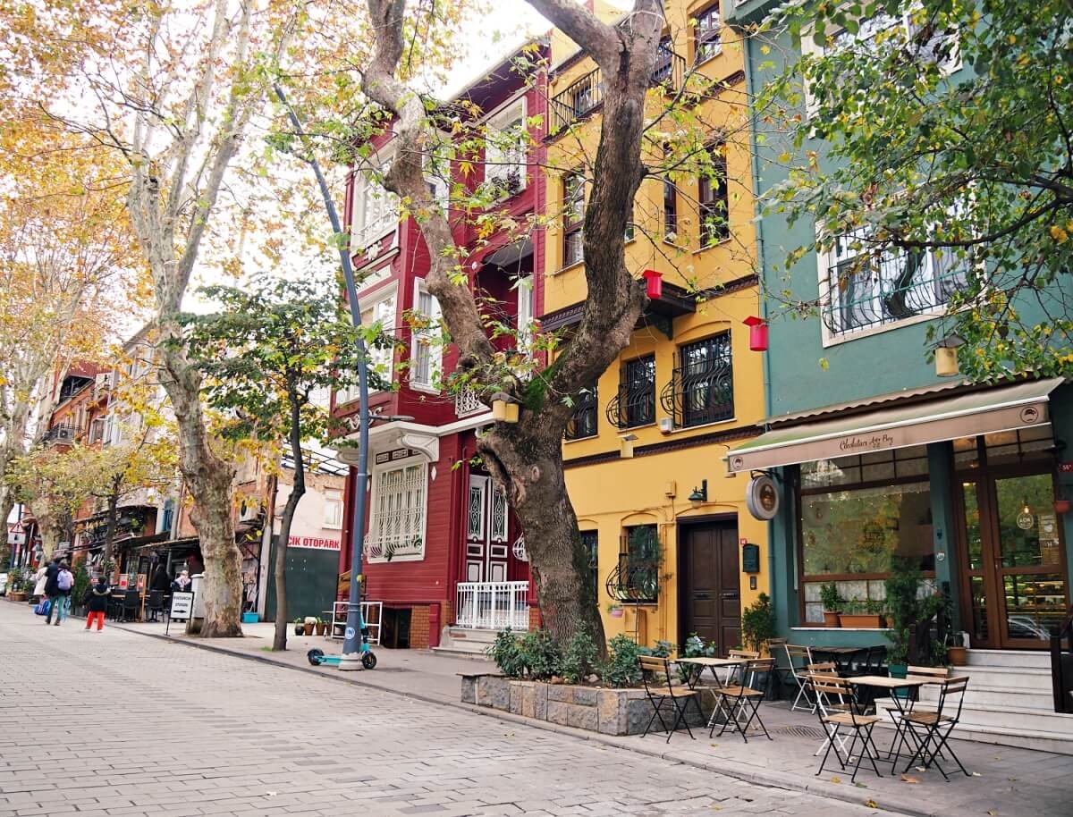 A neighbourhood with colourful houses on a tree lined street in Istanbul