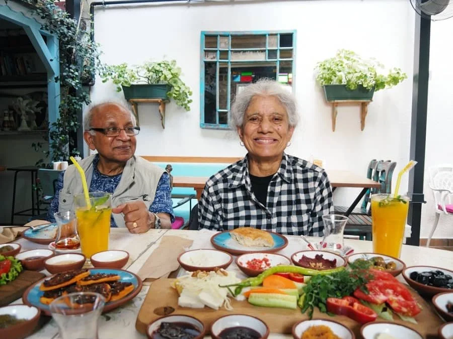 Sasha's mum and dad enjoying a large Turkish breakfast in Istanbul